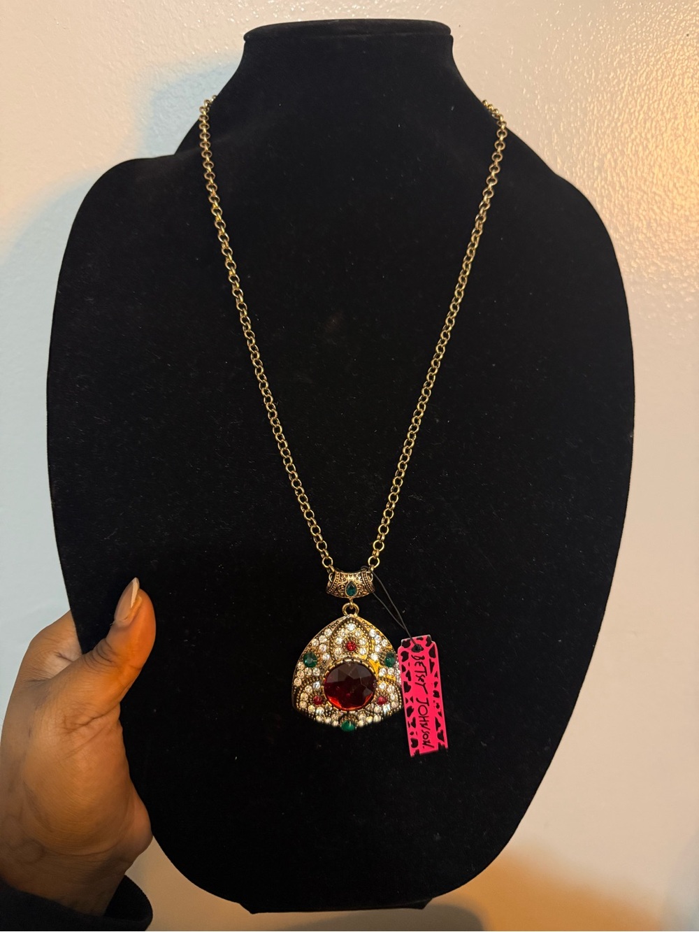 Betsey Johnson Gold-Tone Necklace with Red Center Stone and Multicolor Accents